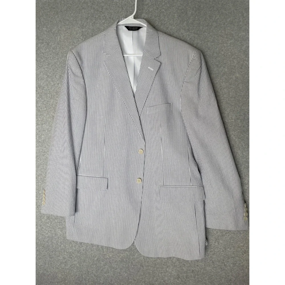 Jos A Bank Stays Cool Tailored Fit Suit Mens 41R Seersucker‎ Striped Blue White